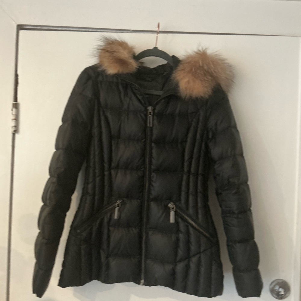 Dawn Levy Black Puffer Jacket with Fur-Trim Hood